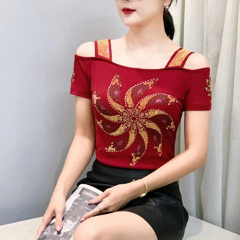 Streetwear Summer Women's Clothes T-Shirts Chic Flower Hot Diamonds Luxury Tees Sexy Girl Off Shoulder Slim Brand Tops