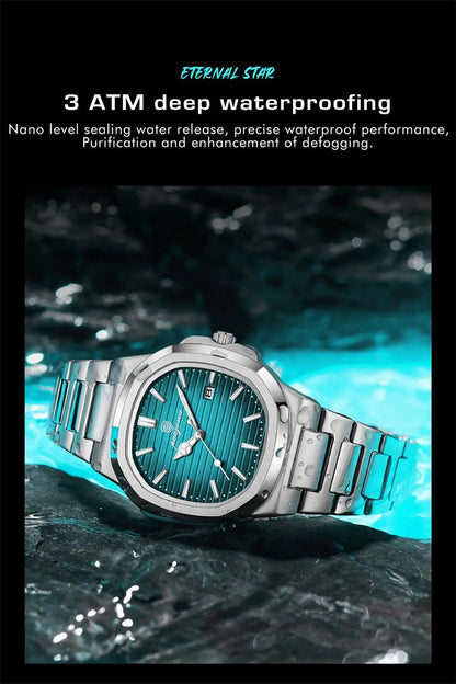 Men's Stainless Steel Waterproof Quartz Watch - Luminous Date & Week Display