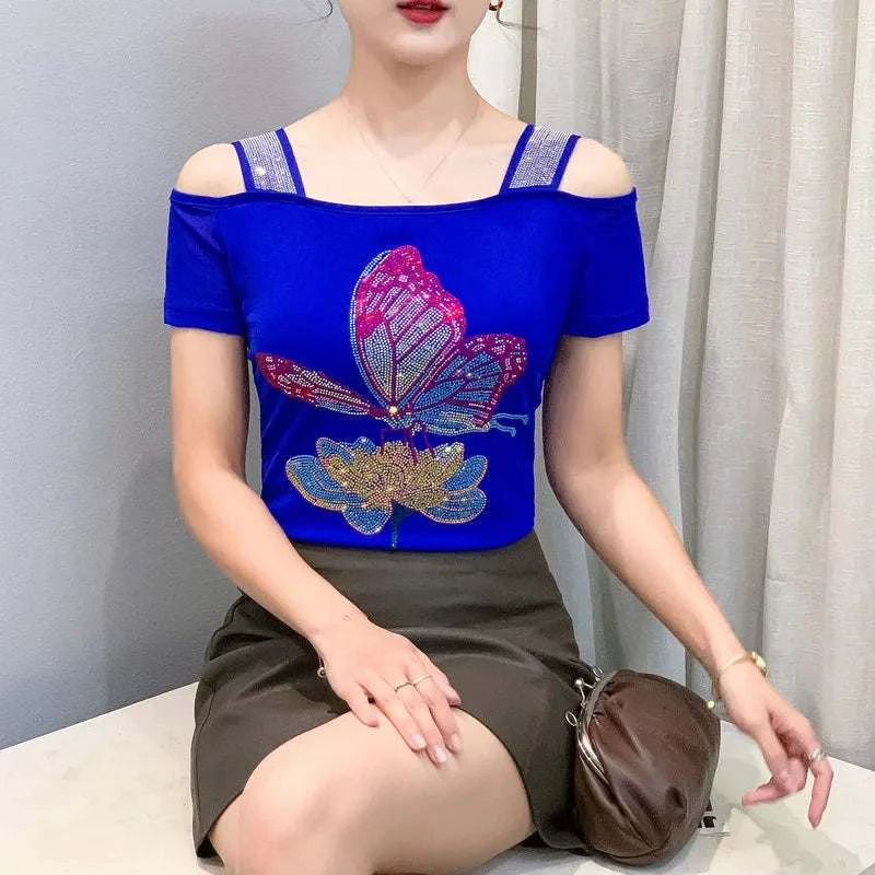 Streetwear Summer Women's Clothes T-Shirts Chic Flower Hot Diamonds LuThe Plug
