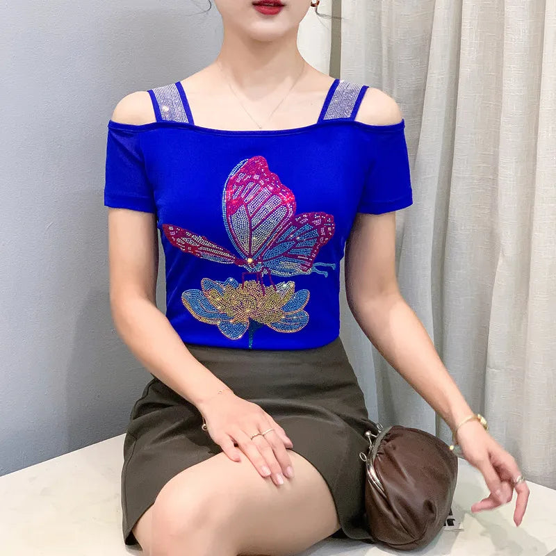 Streetwear Summer Women's Clothes T-Shirts Chic Flower Hot Diamonds Luxury Tees Sexy Girl Off Shoulder Slim Brand Tops