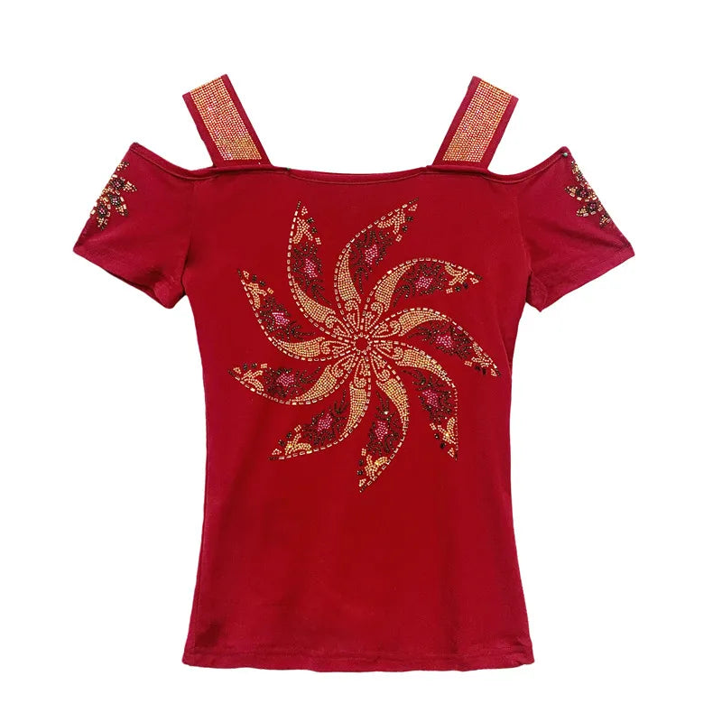 Streetwear Summer Women's Clothes T-Shirts Chic Flower Hot Diamonds Luxury Tees Sexy Girl Off Shoulder Slim Brand Tops