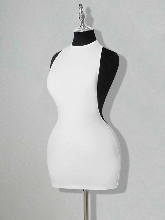 White bodycon mini dress with criss-cross backless design and sleeveless fit