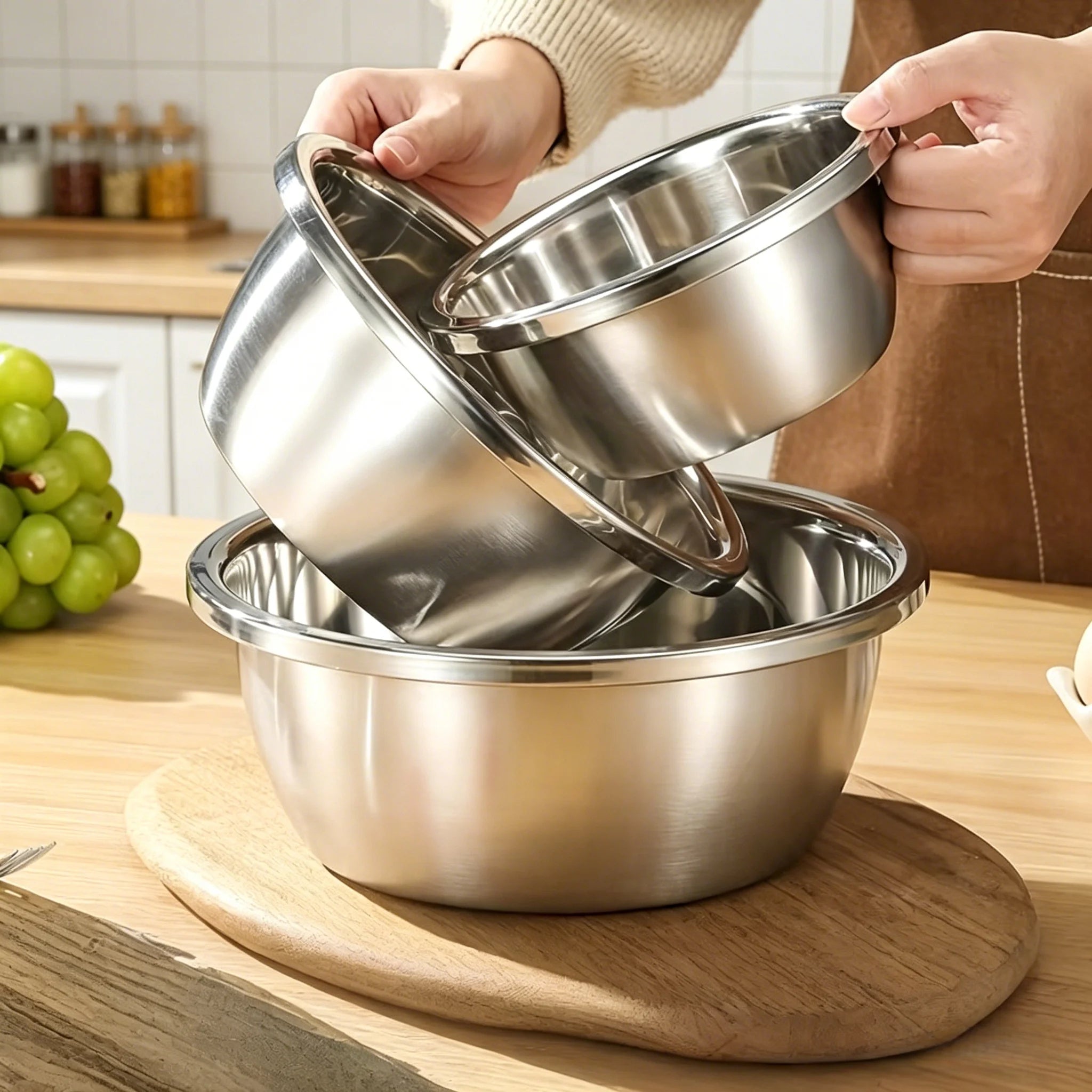 Stainless Steel Mixing Bowl Set, Multi-Purpose Kitchen Basin, European-Style Mixing and Kneading Bowl Set, Soup Bowl, Multi-Purpose Bowl 20+22+24