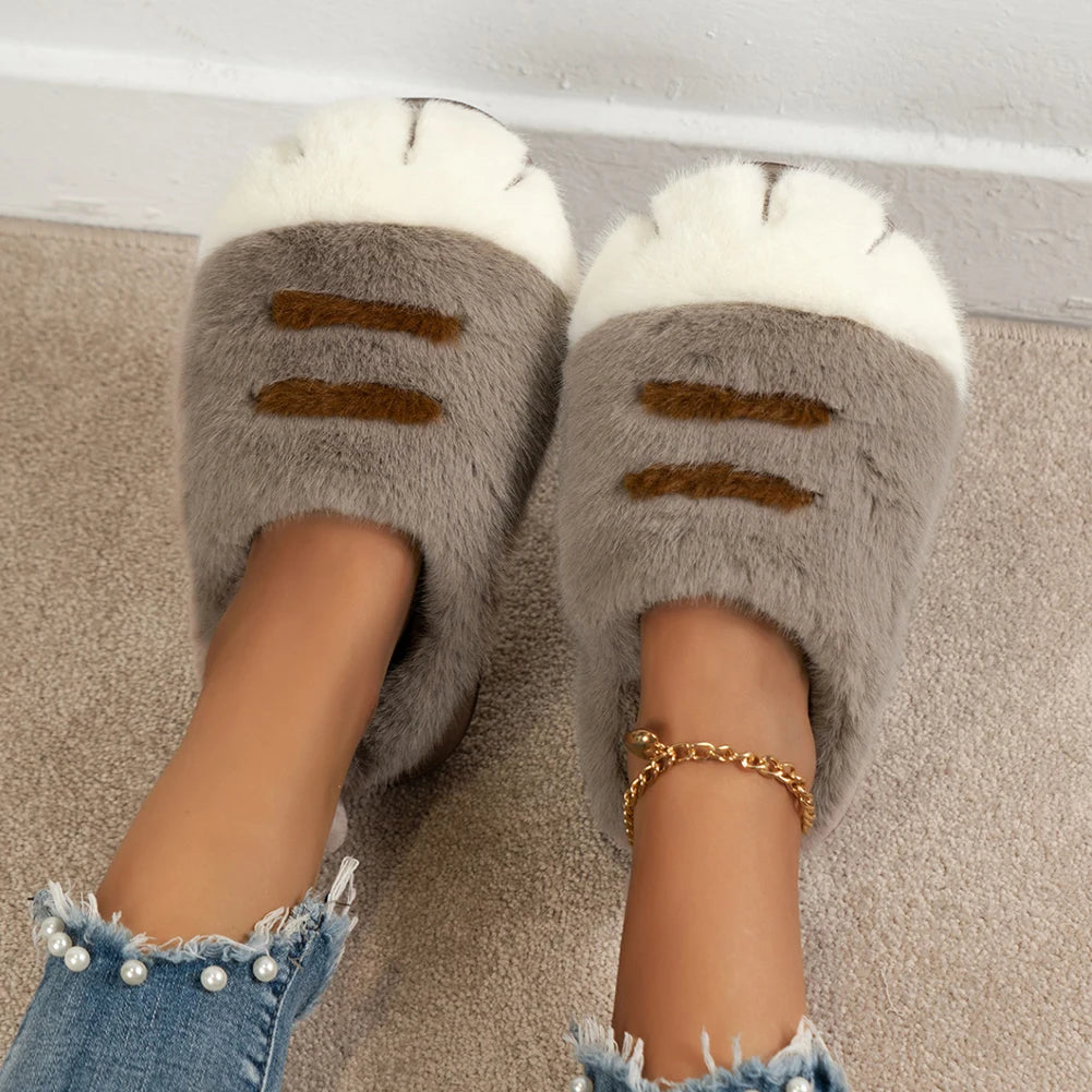 3D Cat Paw Plush Slippers Warm Slip-on House Shoes Comfortable Fluffy The Plug