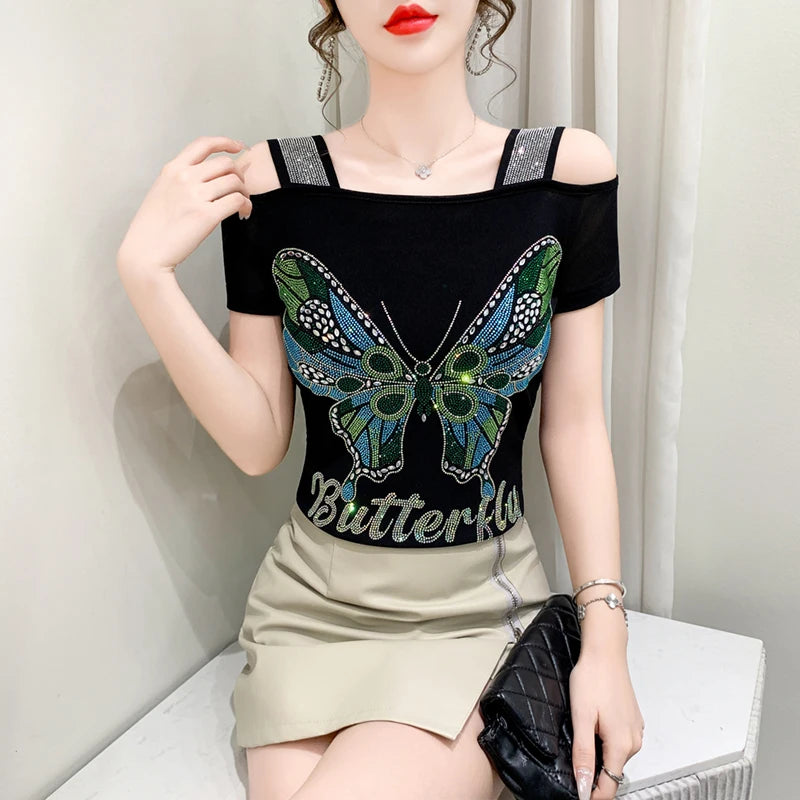 Streetwear Summer Women's Clothes T-Shirts Chic Flower Hot Diamonds Luxury Tees Sexy Girl Off Shoulder Slim Brand Tops