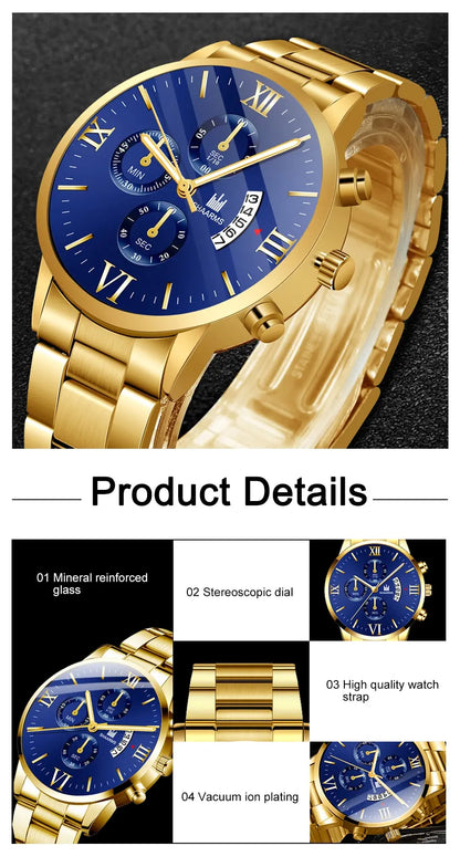 Men's Business Quartz Watch - Three-Eye Calendar, Stainless Steel Band