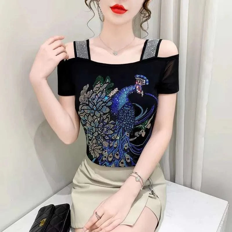 Streetwear Summer Women's Clothes T-Shirts Chic Flower Hot Diamonds LuThe Plug