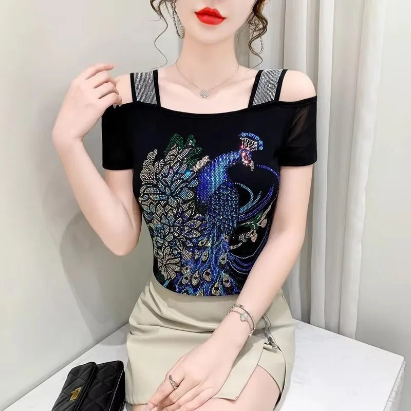 Streetwear Summer Women's Clothes T-Shirts Chic Flower Hot Diamonds Luxury Tees Sexy Girl Off Shoulder Slim Brand Tops