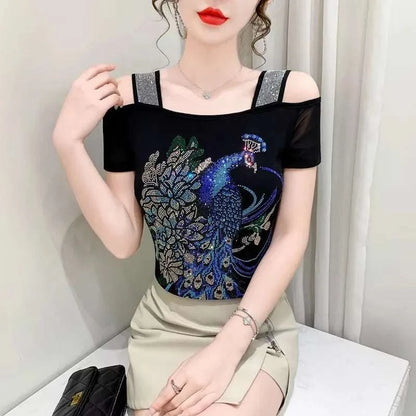 Streetwear Summer Women's Clothes T-Shirts Chic Flower Hot Diamonds LuThe Plug