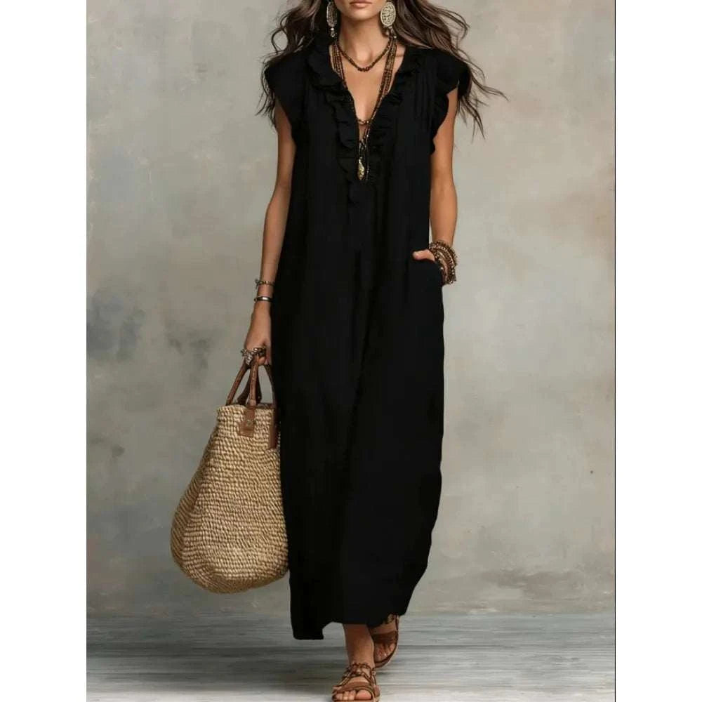 Women's Retro Bohemian Ruffle Linen Maxi Dress, Ruffle V-Neck SleeveleThe Plug