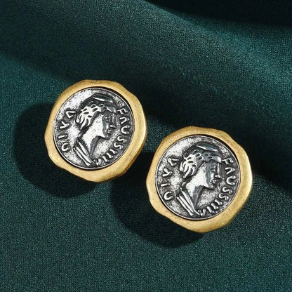 Vintage Style Gold Plated Ancient Coins Stud Earrings For Woman Round The Plug