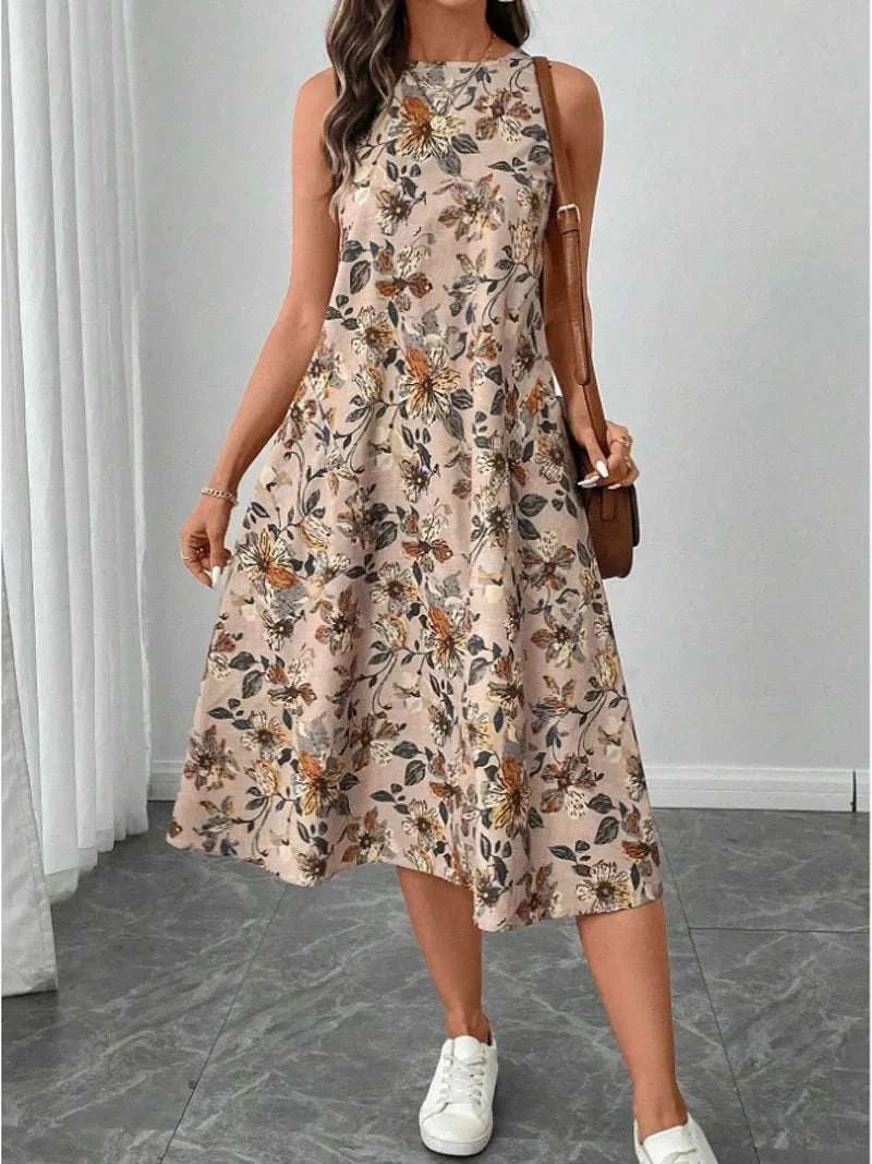 Women's floral print sleeveless A-line midi dress summer casual fashion