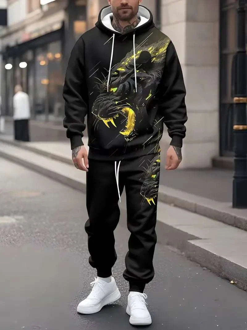 Trendy Men's 3D Animal Tiger Print Hoodies 2-Piece Set Fashion Men WomThe Plug