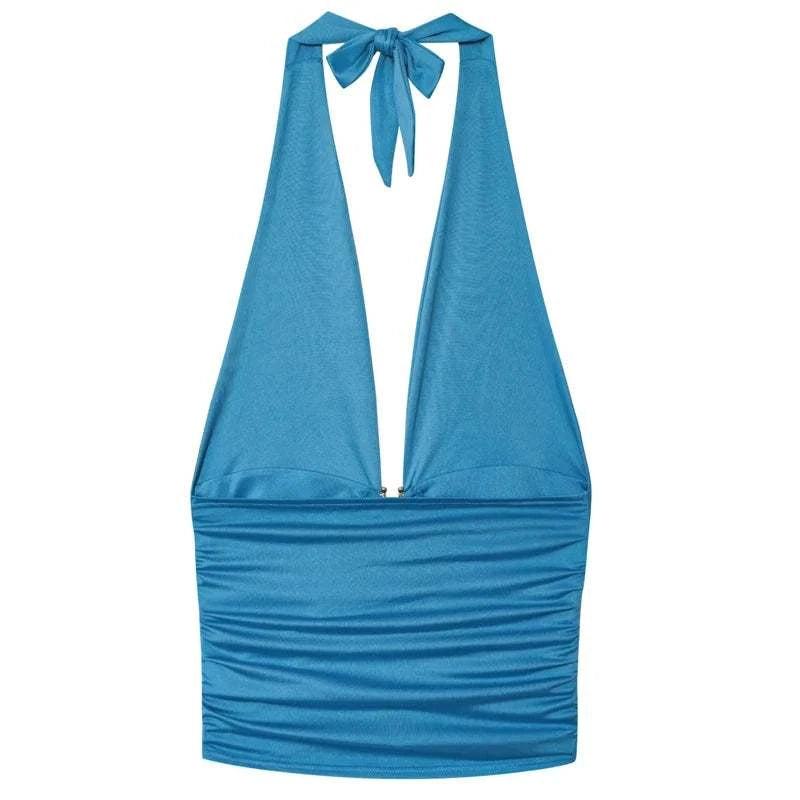 HXAO Women Tops Corset Halter Crop Top Woman Summer Pleated Tight PartThe Plug