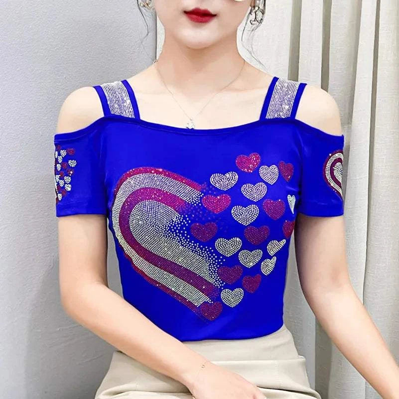Streetwear Summer Women's Clothes T-Shirts Chic Flower Hot Diamonds LuThe Plug
