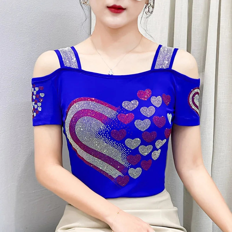Streetwear Summer Women's Clothes T-Shirts Chic Flower Hot Diamonds Luxury Tees Sexy Girl Off Shoulder Slim Brand Tops