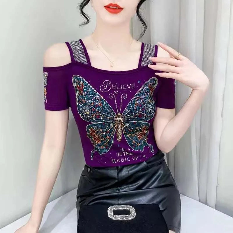 Streetwear Summer Women's Clothes T-Shirts Chic Flower Hot Diamonds LuThe Plug