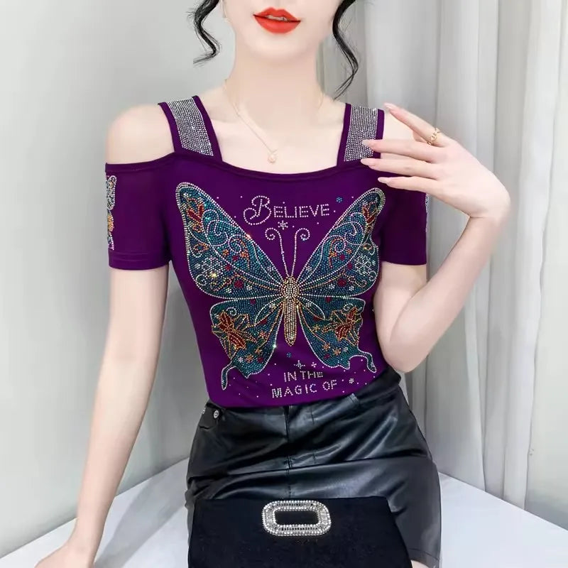 Streetwear Summer Women's Clothes T-Shirts Chic Flower Hot Diamonds Luxury Tees Sexy Girl Off Shoulder Slim Brand Tops