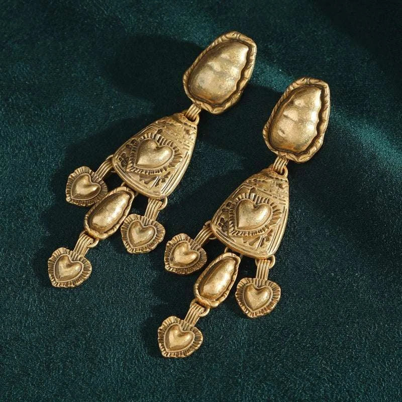 Vintage Drop Heart Earrings in Antique Gold