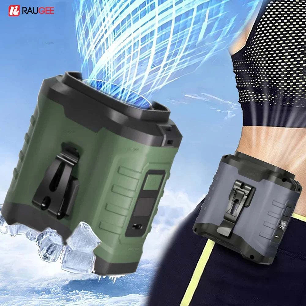 Grey 10000mAh portable waist fan showing dual clip design for hands-free cooling.