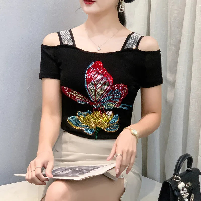 Streetwear Summer Women's Clothes T-Shirts Chic Flower Hot Diamonds Luxury Tees Sexy Girl Off Shoulder Slim Brand Tops
