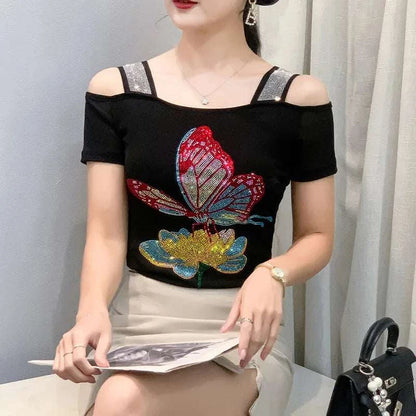 Streetwear Summer Women's Clothes T-Shirts Chic Flower Hot Diamonds LuThe Plug