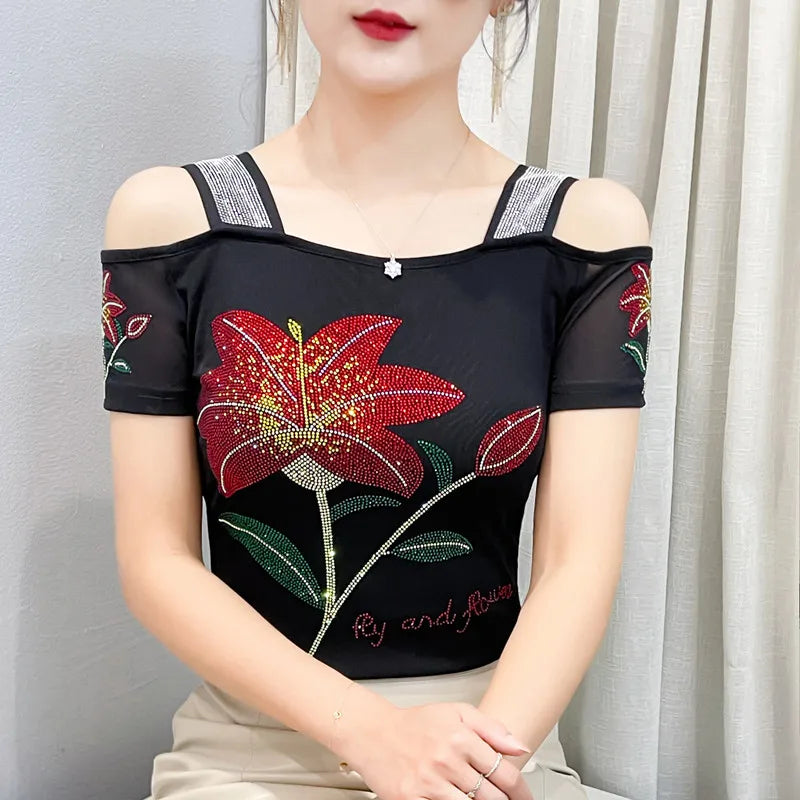 Streetwear Summer Women's Clothes T-Shirts Chic Flower Hot Diamonds Luxury Tees Sexy Girl Off Shoulder Slim Brand Tops