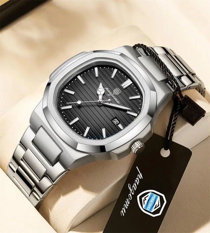Men's Stainless Steel Waterproof Quartz Watch - Luminous Date & Week Display