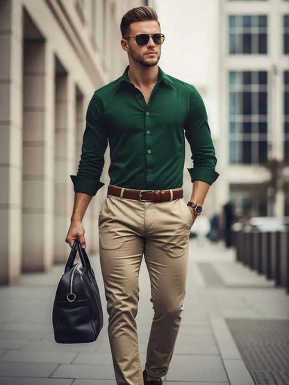 Mens Long Sleeve Solid Slim Fit Dress Shirt Casual Business With PockeThe Plug