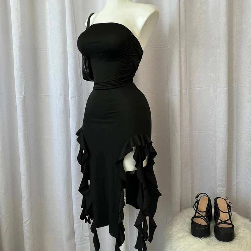Women Strapless Sexy Floral Fold Hemline High Slit Mini Dress