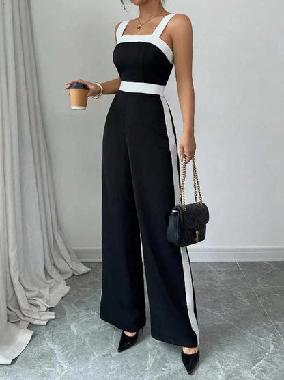 Women's Casual Black Jumpsuit White Contrast Trim Square Neck Great foThe Plug