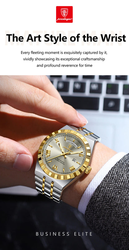 POEDAGAR Men's Luxury Quartz Watch – Waterproof, Luminous, Week & Date Display