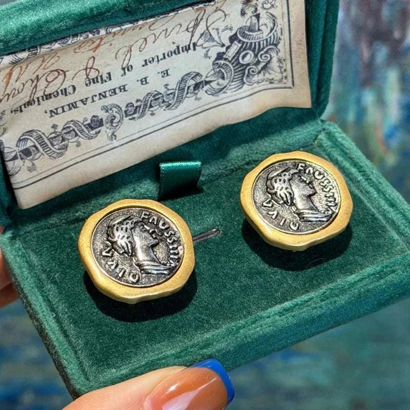 Vintage Style Gold Plated Ancient Coins Stud Earrings For Woman Round The Plug