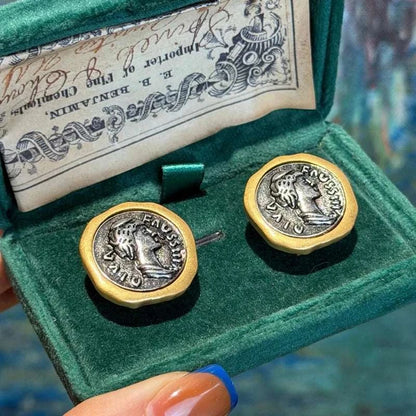 Vintage Style Gold Plated Ancient Coins Stud Earrings For Woman Round The Plug