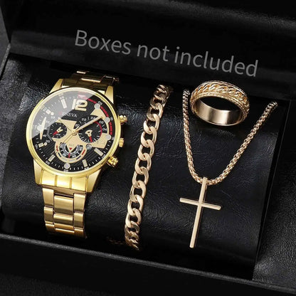Men's 4pc Fashion Quartz Watch & Jewelry Set – Necklace, Bracelet & Ring