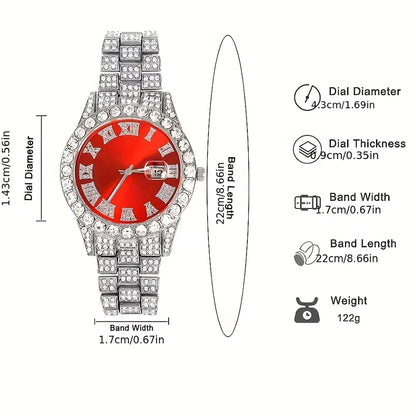 3pc Men's Hip Hop Cuban Chain Watch Set – Iced Out Rhinestone Necklace & Bracelet