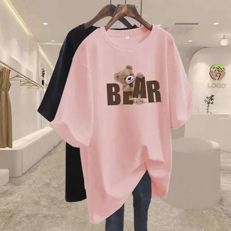 Summer Chic Letter Printing Bear T-shirt Women O-neck Short Sleeve CotThe Plug