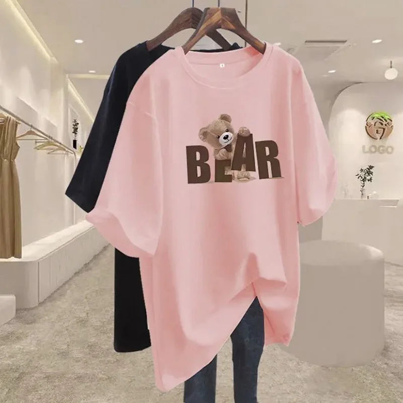 Summer Chic Letter Printing Bear T-shirt Women O-neck Short Sleeve Cotton Basic Top Tee Casual Loose Oversized Pullover 45-105Kg