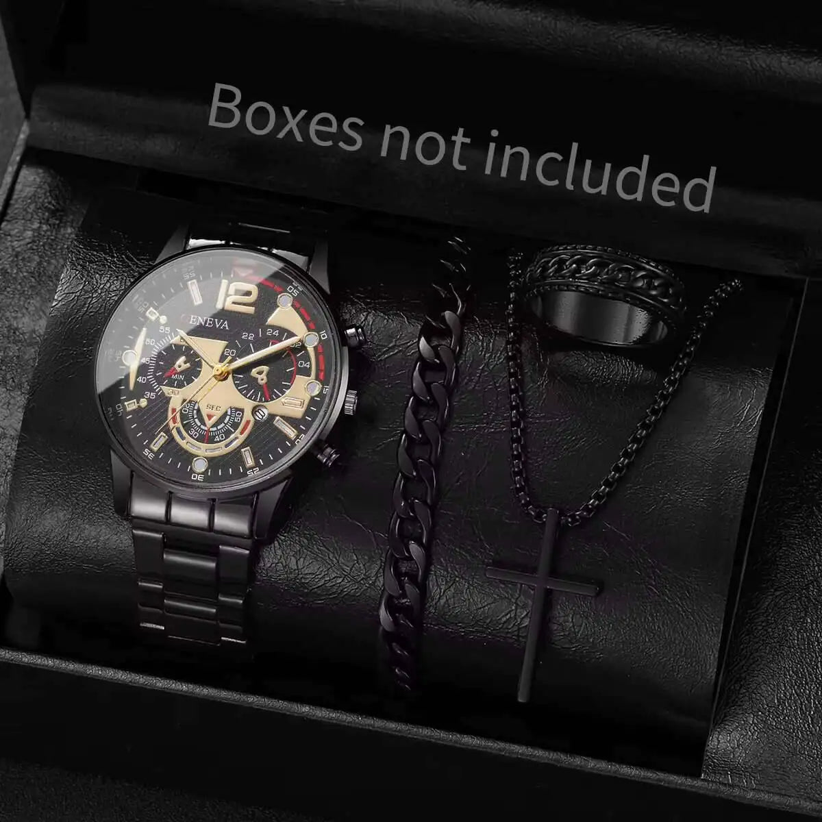Men's 4pc Fashion Quartz Watch & Jewelry Set – Necklace, Bracelet & Ring