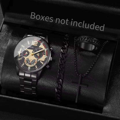 Men's 4pc Fashion Quartz Watch & Jewelry Set – Necklace, Bracelet & Ring