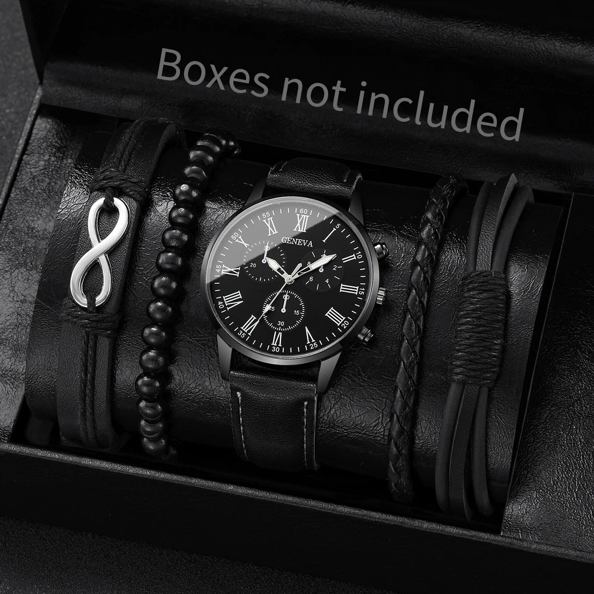 Men's Fashion Quartz Watch & Leather Bracelet Set (4/5pc)