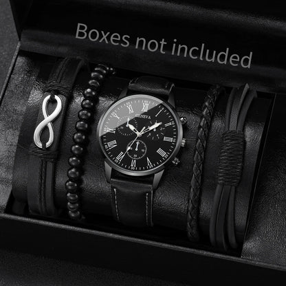 Men's Fashion Quartz Watch & Leather Bracelet Set (4/5pc)