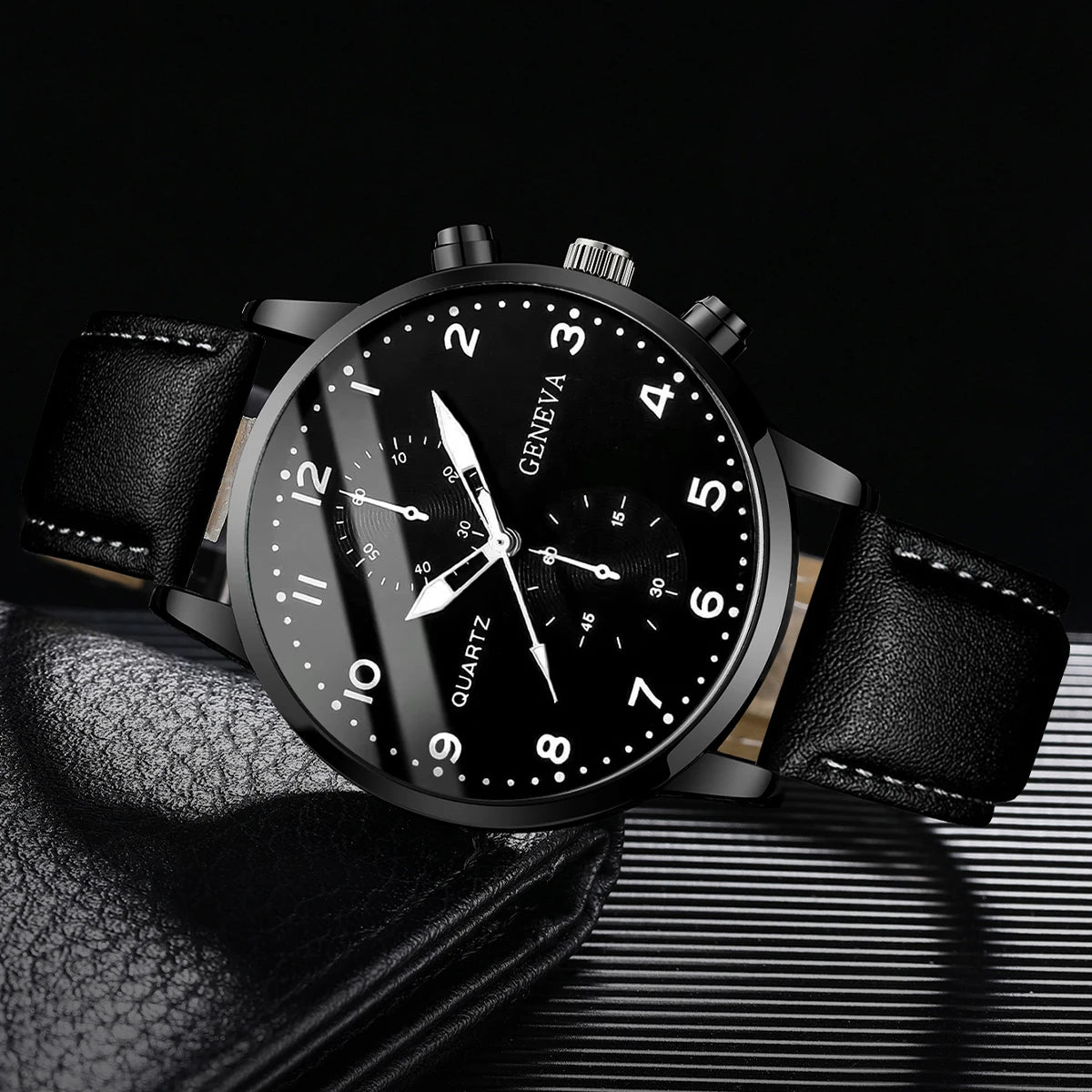 Men's Fashion Quartz Watch & Leather Bracelet Set (4/5pc)