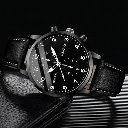 Men's Fashion Quartz Watch & Leather Bracelet Set (4/5pc)