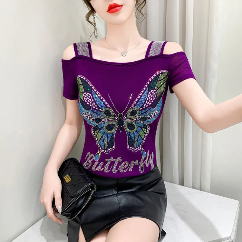 Streetwear Summer Women's Clothes T-Shirts Chic Flower Hot Diamonds Luxury Tees Sexy Girl Off Shoulder Slim Brand Tops