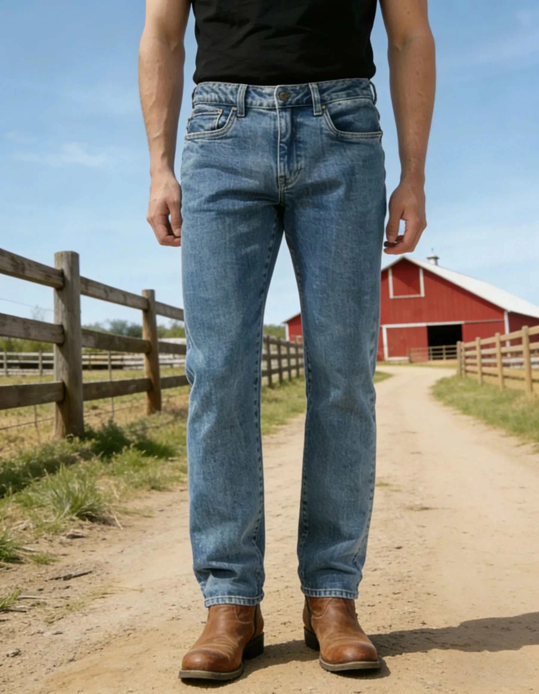 Men's classic straight fit vintage blue denim jeans with medium wash and button fly closure