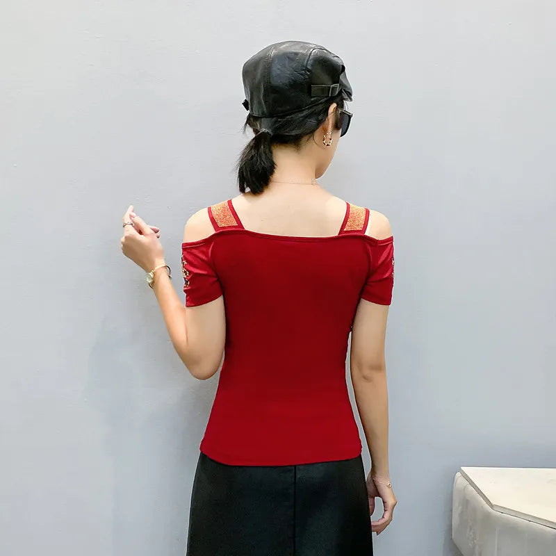 Streetwear Summer Women's Clothes T-Shirts Chic Flower Hot Diamonds Luxury Tees Sexy Girl Off Shoulder Slim Brand Tops
