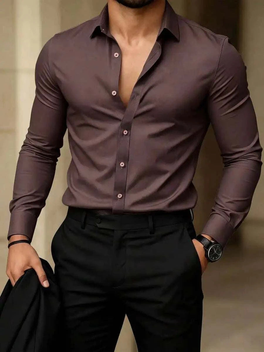 Solid Color Long Sleeve Casual Shirt With Turn-Down Collar For MenThe Plug