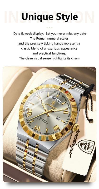 POEDAGAR Men's Luxury Quartz Watch – Waterproof, Luminous, Week & Date Display