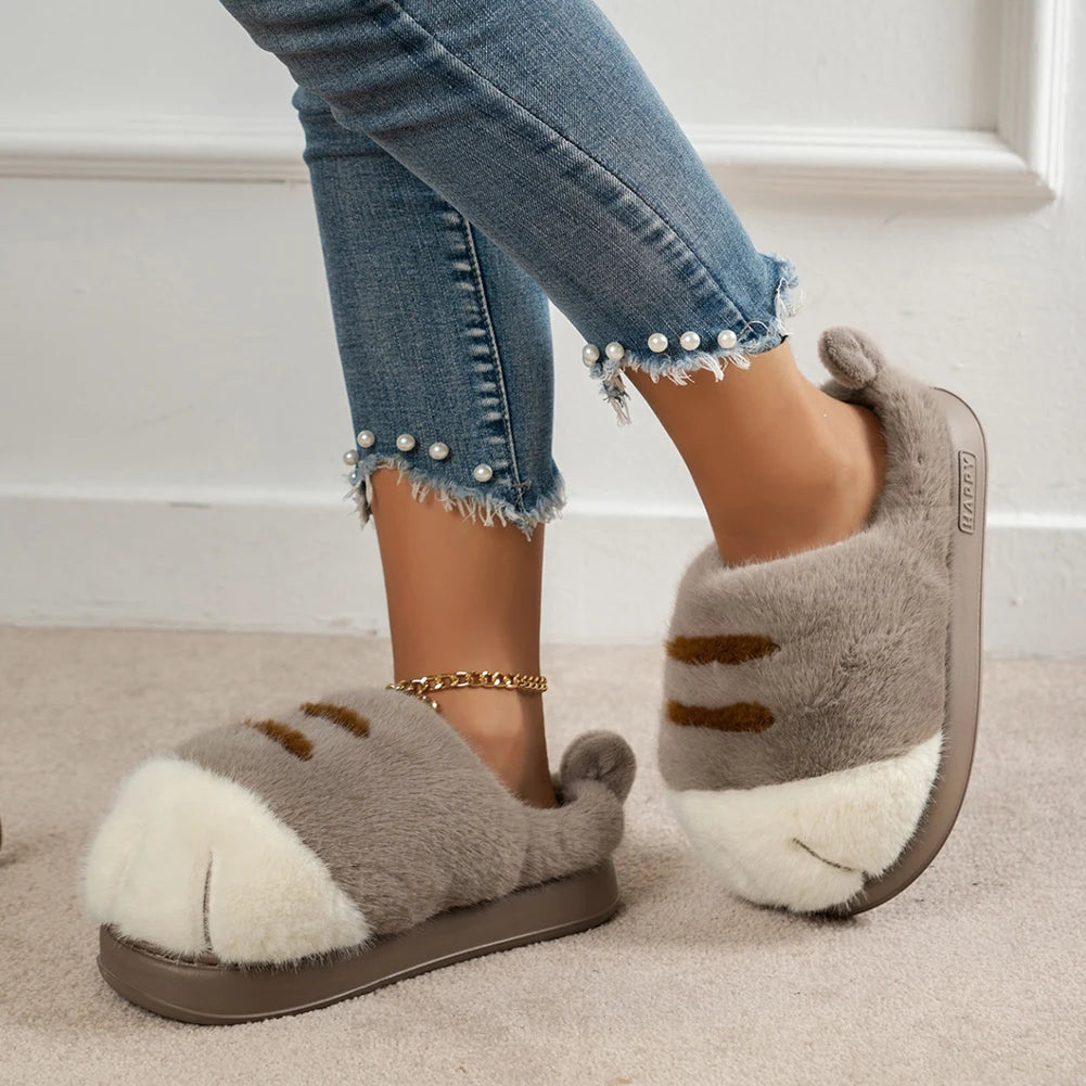 3D Cat Paw Plush Slippers Warm Slip-on House Shoes Comfortable Fluffy The Plug